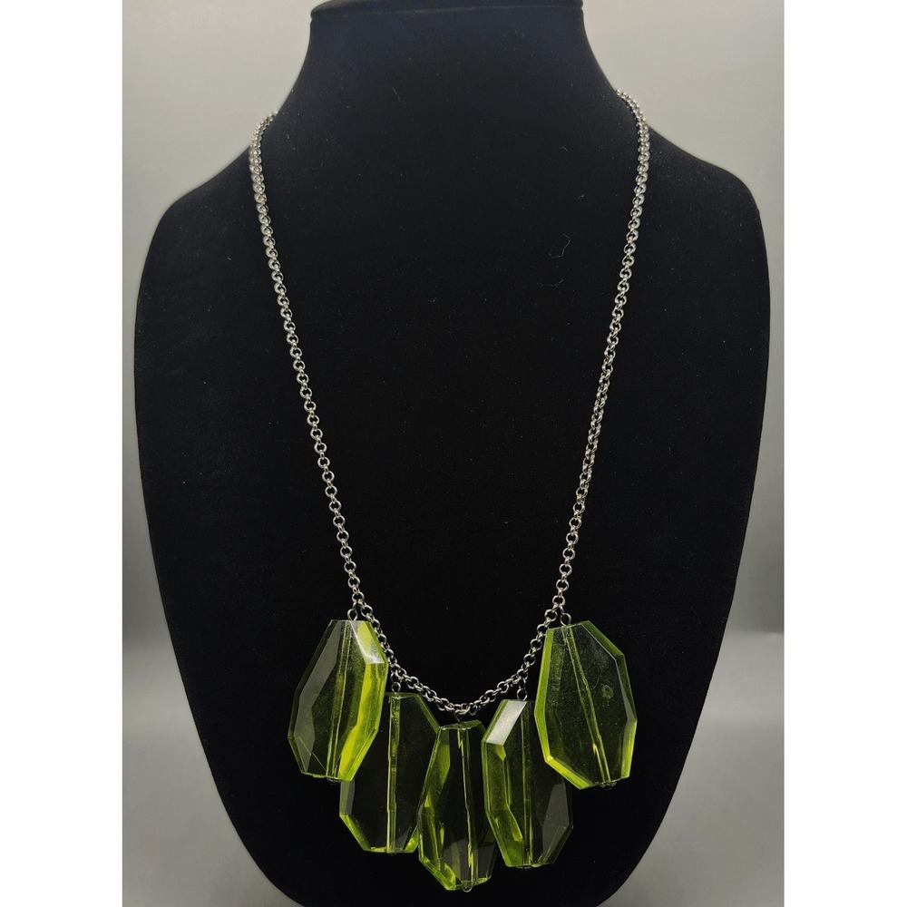 Neon Yellow Green Faceted Acrylic Statement Bib Necklace 18-20" Silver Tone